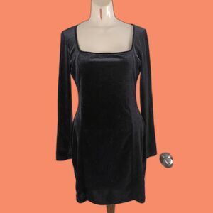 Black Stretch Velvet Mini Dress Square Neck Long Sleeves M Vamp Goth LBD